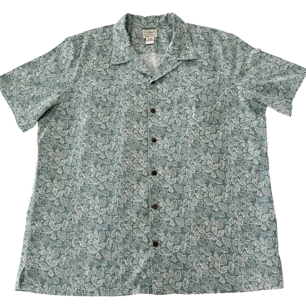 LL Bean Men's Shirt XL Green Slightly Fitted Tropical Seashells‎ Conch Hawaiian